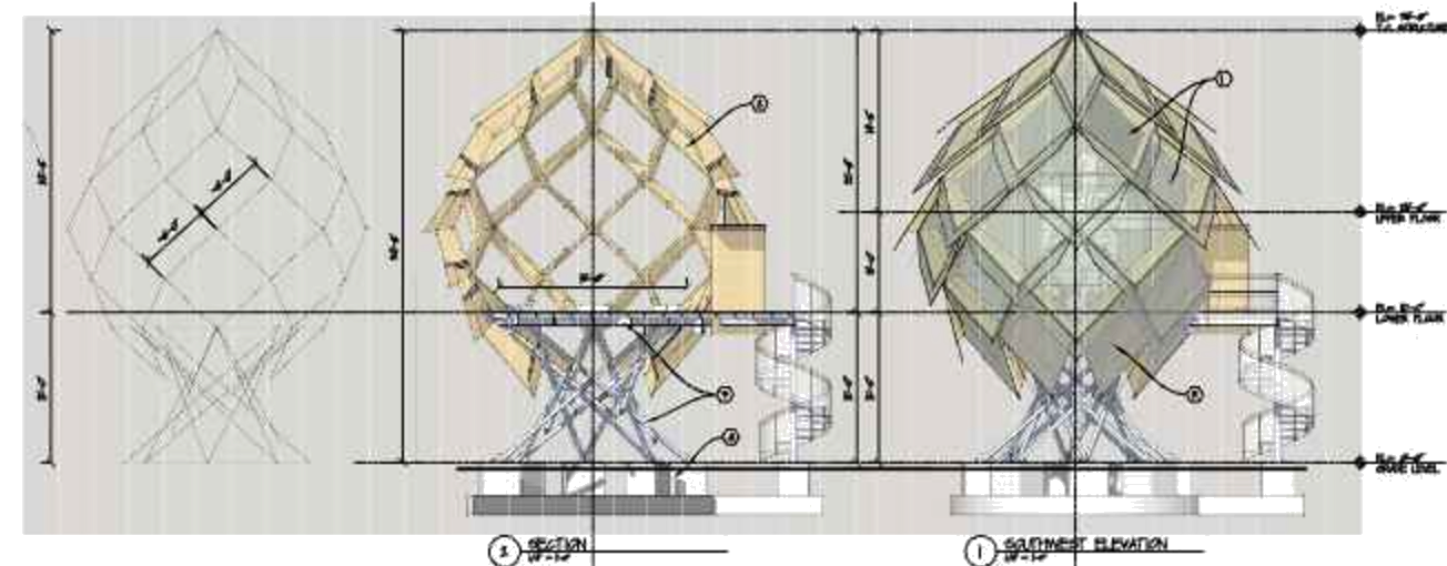 Section and southwest elevation of the faceted shell