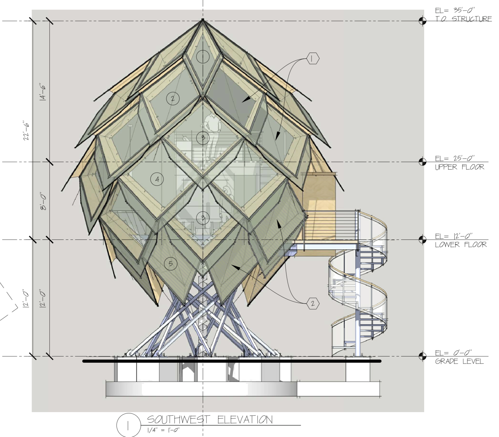 Cedar southwest elevation with grade, lower floor, upper floor and structure levels