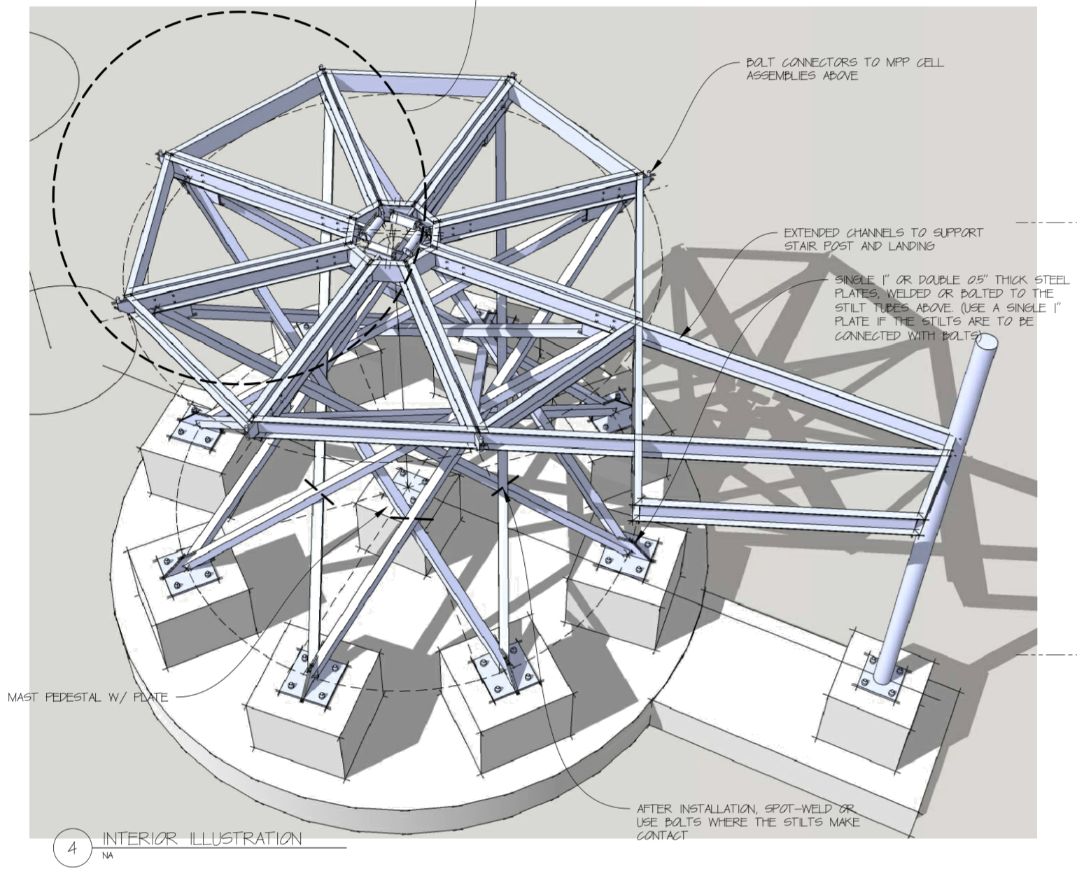 Steel stilt and platform assembly on concrete pedestals