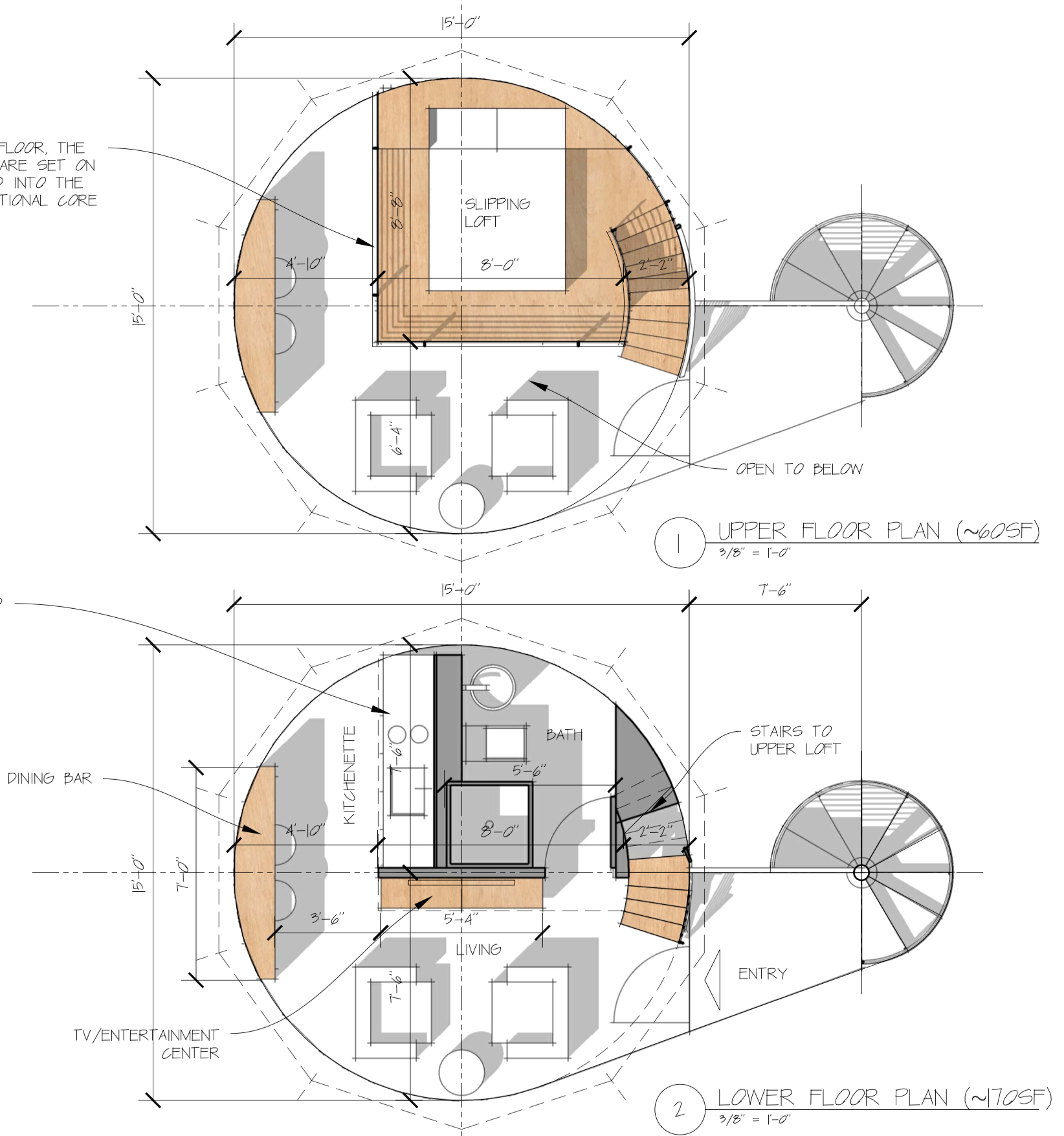 Juniper upper floor (about 60 SF) and lower floor (about 170 SF) plans