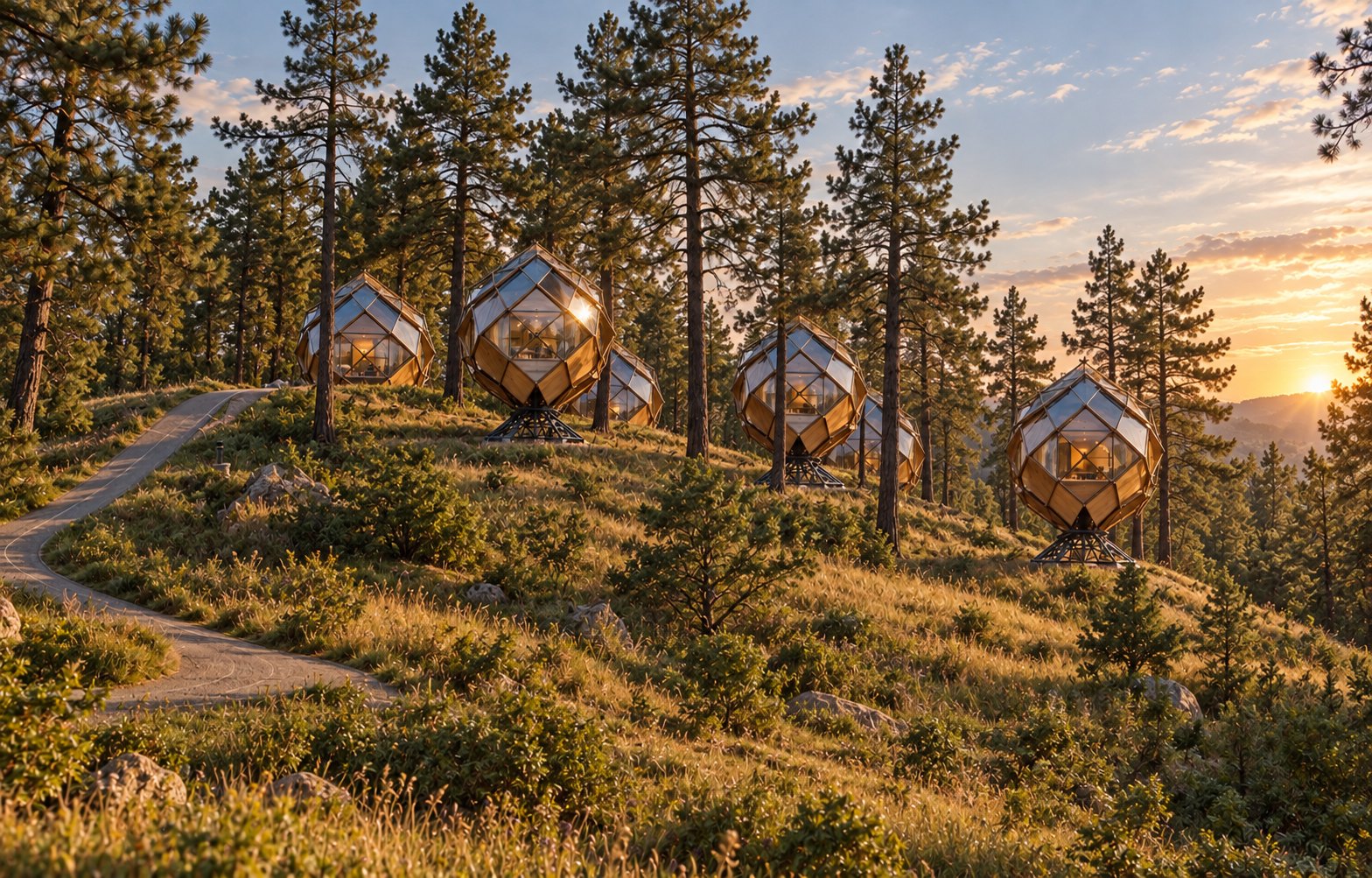 A cluster of Pinecones on a pine hillside at golden hour