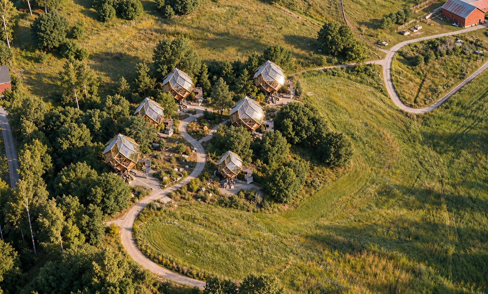 Aerial view of Pinecones linked by a winding path through woodland